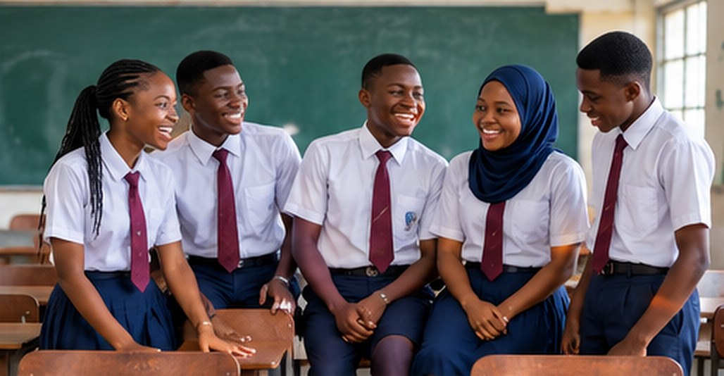 Secondary school students in white shirts and maroon ties laughing together in their classroom.